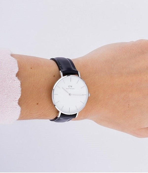 Daniel Wellington Classic Petite Sheffield White Dial Black Leather Strap Watch For Women - DW00100186
