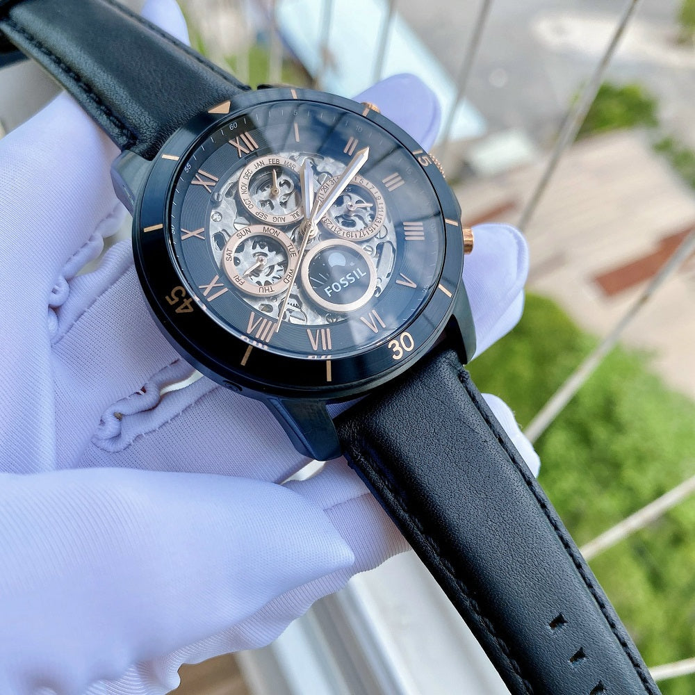 Fossil Grant Sport Automatic Skeleton Black Dial Black Leather Strap Watch for Men - ME3138