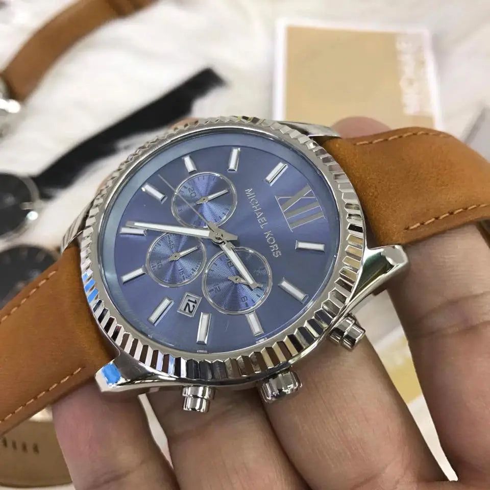 Michael Kors Lexington Chronograph Blue Dial Brown Leather Strap Watch For Men - MK8537