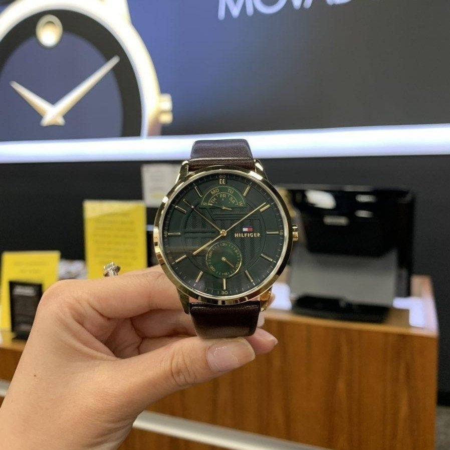Tommy Hilfiger Hunter Green Dial Brown Leather Strap Watch for Men - 1791607
