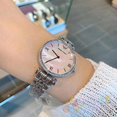 Emporio Armani Gianni T Bar Pink Mother of Pearl Dial Silver Steel Strap Watch For Women - AR1779
