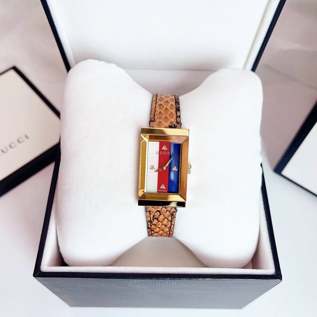 Gucci G-Frame Mother of Pearl Dial Brown Leather Snakeskin Strap Watch For Women - YA147402