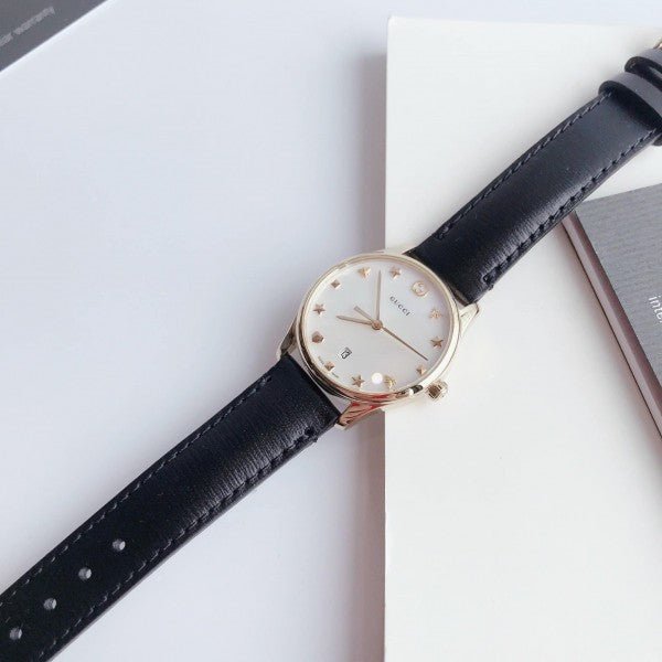 Gucci G-Timeless Mother of Pearl Dial Black Leather Strap Watch For Women - YA126589