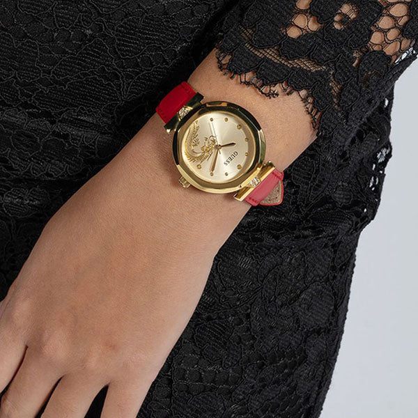 Guess Trend Dragon Gold Dial Red Leather Strap Watch For Women - GW0646L1