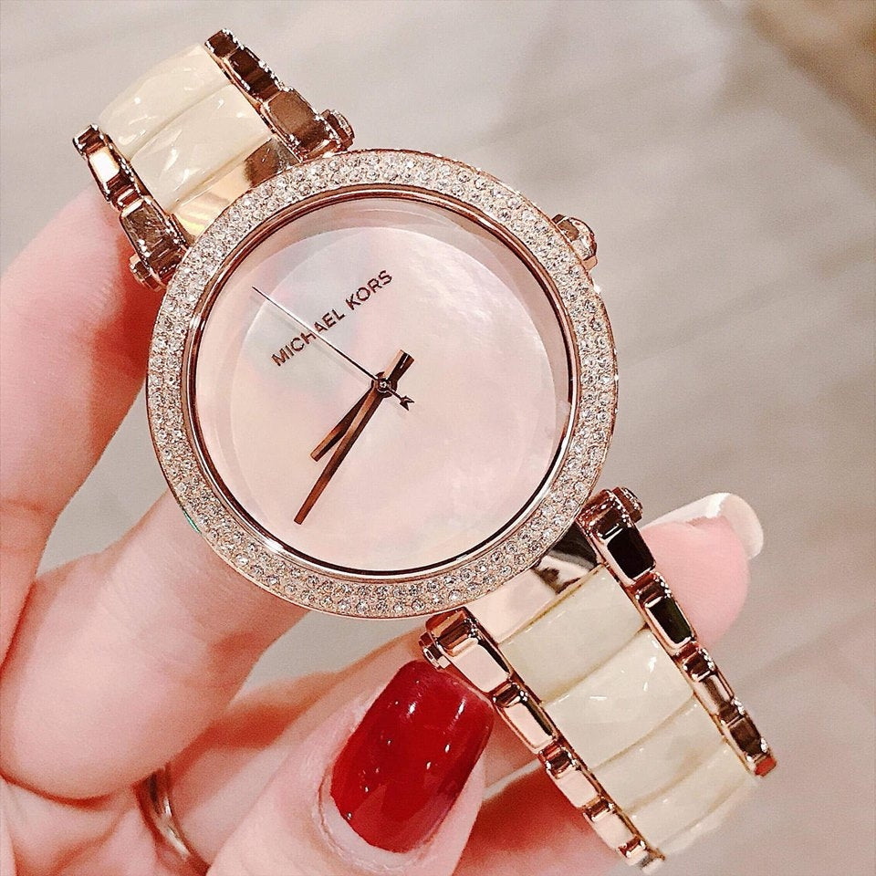 Michael Kors Parker Mother of Pearl Pink Dial Two Tone Steel Strap Watch for Women - MK6492