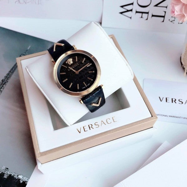 Versace V-Twist Black Dial Black Leather Strap Watch for Women - VELS00619