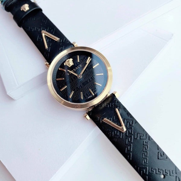 Versace V-Twist Black Dial Black Leather Strap Watch for Women - VELS00619