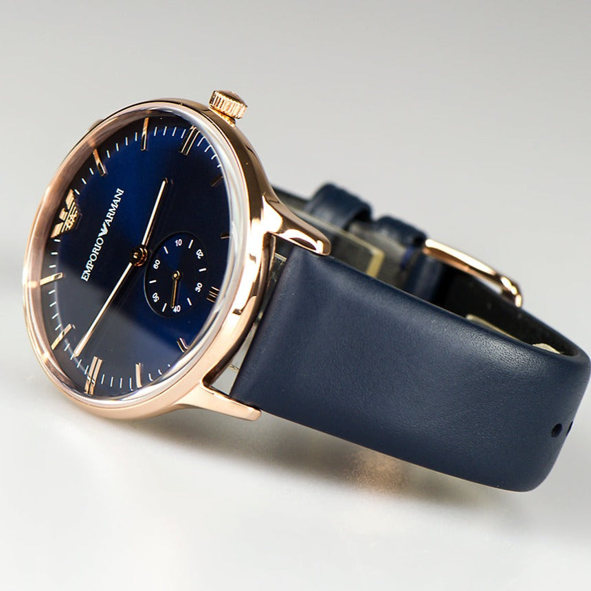 Emporio Armani Classic Quartz Blue Dial Blue Leather Strap Watch For Men  - AR2071