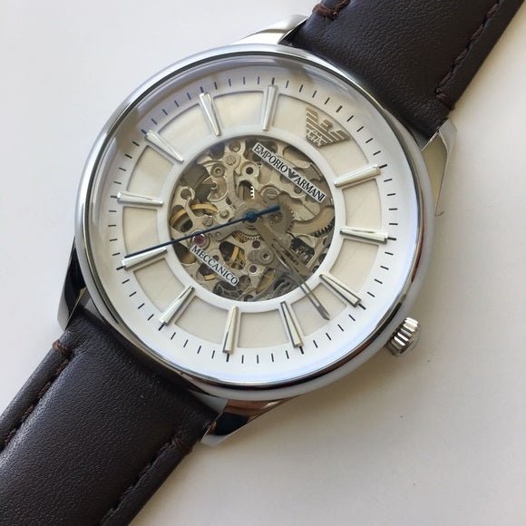 Emporio Armani Meccanico White Dial Brown Leather Strap Watch For Men - AR1946