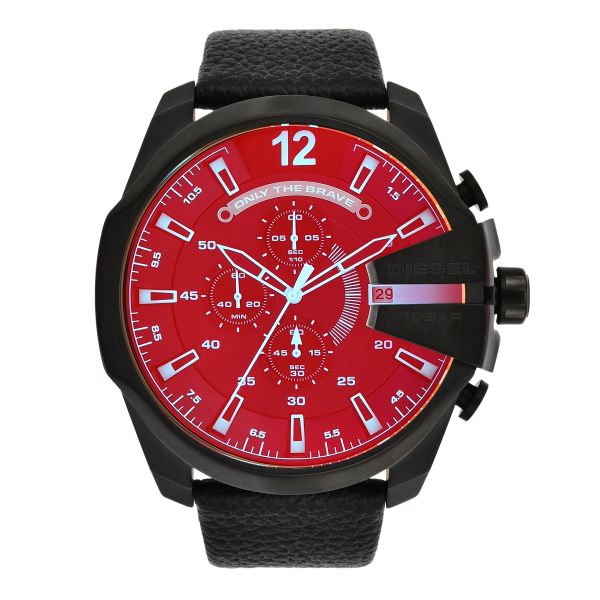 Diesel Mega Chief Chronograph Black Dial Black Leather Strap Watch For Men - DZ4323