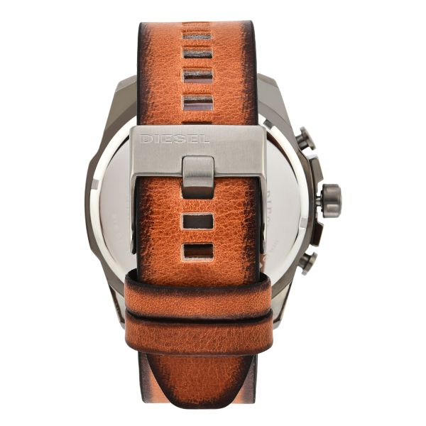 Diesel Mega Chief Chronograph Black Dial Brown Leather Strap Watch For Men - DZ4343