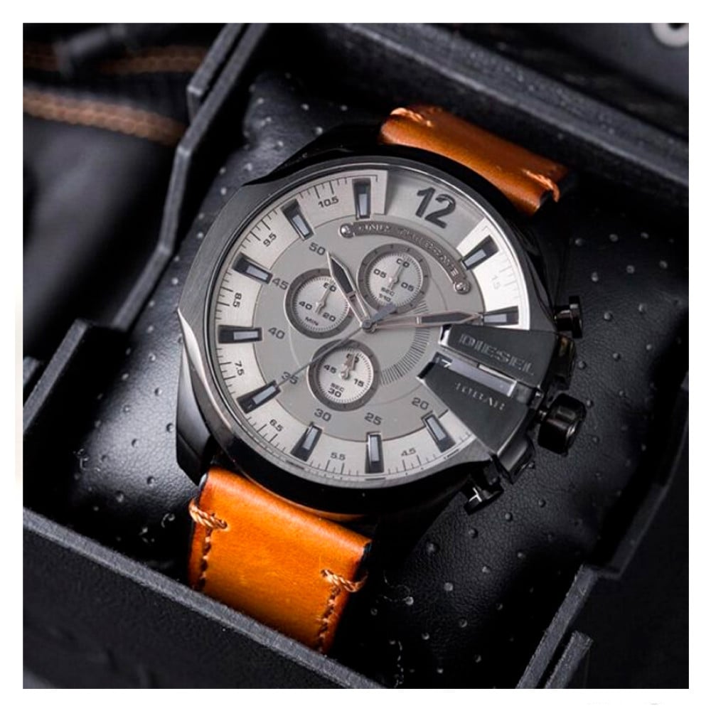 Diesel Mega Chief Chronograph Grey Dial Brown Leather Strap Watch For Men - DZ4463