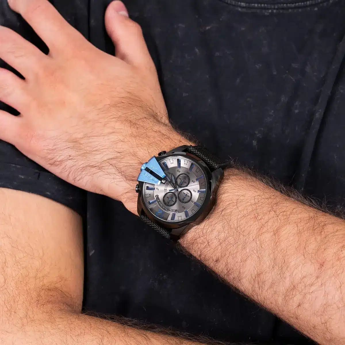 Diesel Mega Chief Chronograph Black Dial Black Nylon Strap Watch For Men - DZ4500