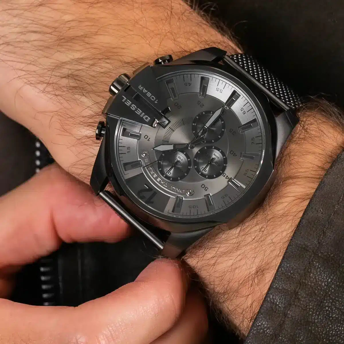 Diesel Mega Chief Chronograph Black Dial Black Mesh Strap Watch For Men - DZ4527