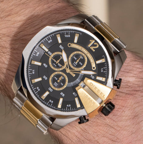 Diesel Mega Chief Chronograph Black Dial Two Tone Steel Strap Watch For Men - DZ4581
