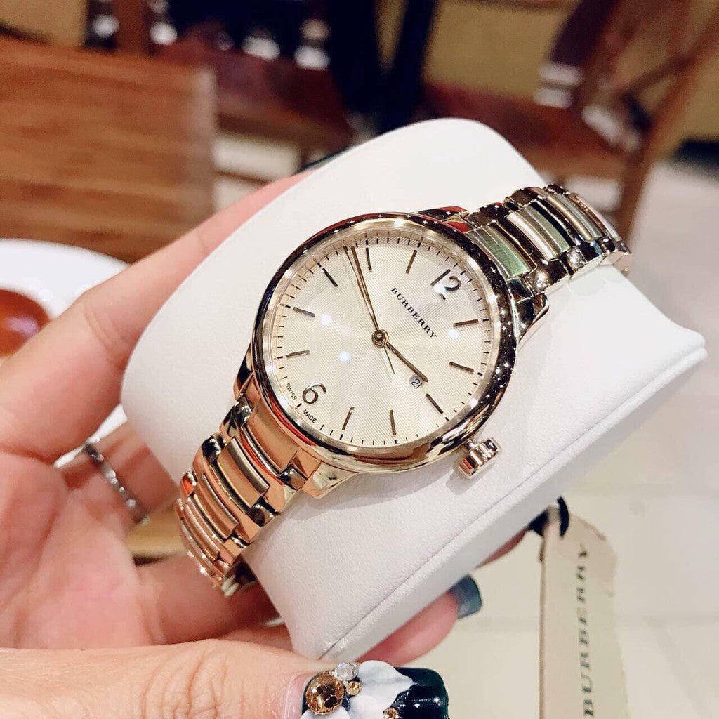 Burberry The Classic Champagne Dial Gold Steel Strap Watch for Women - BU10109