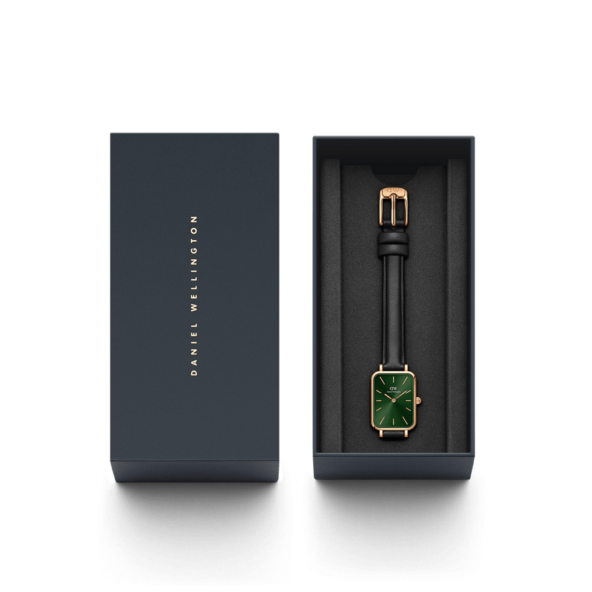 Daniel Wellington Quadro Pressed Melrose Emerald Green Dial Black Leather Strap Watch For Women - DW00100446