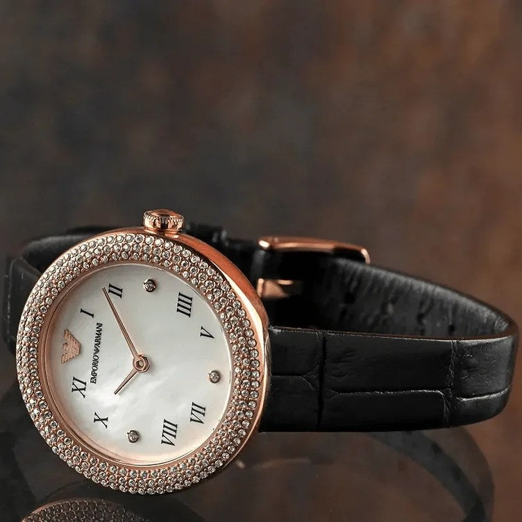 Emporio Armani Rosa Quartz Mother Of Pearl White Dial Black Leather Strap Watch For Women - AR11356