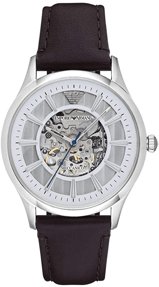 Emporio Armani Meccanico White Dial Brown Leather Strap Watch For Men - AR1946