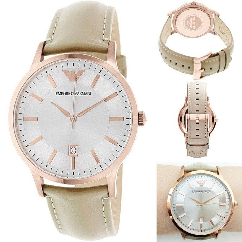Emporio Armani Classic Quartz Silver Dial Beige Leather Strap Watch For Men - AR2464