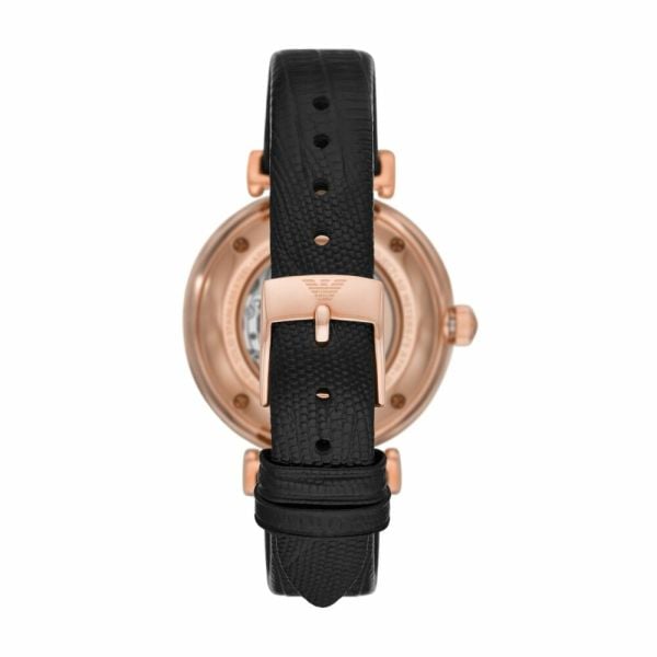 Emporio Armani Gianni T Bar Mother of Pearl White Dial Black Leather Strap Watch For Women - AR60047