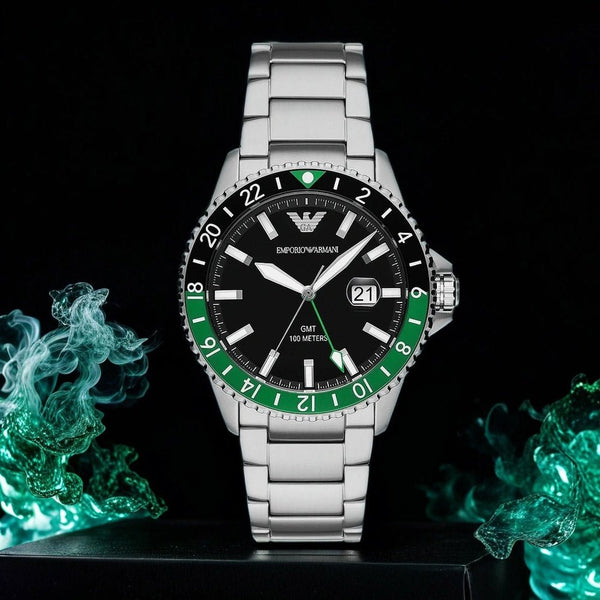 Emporio Armani Sea Explorer GMT Quartz Black Dial Silver Steel Strap Watch For Men - AR11589