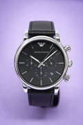 Emporio Armani Classic Chronograph Black Dial Black Leather Strap Watch For Men - AR1733