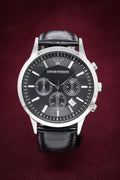 Emporio Armani Renato Chronograph Black Dial Black Leather Strap Watch For Men - AR2447