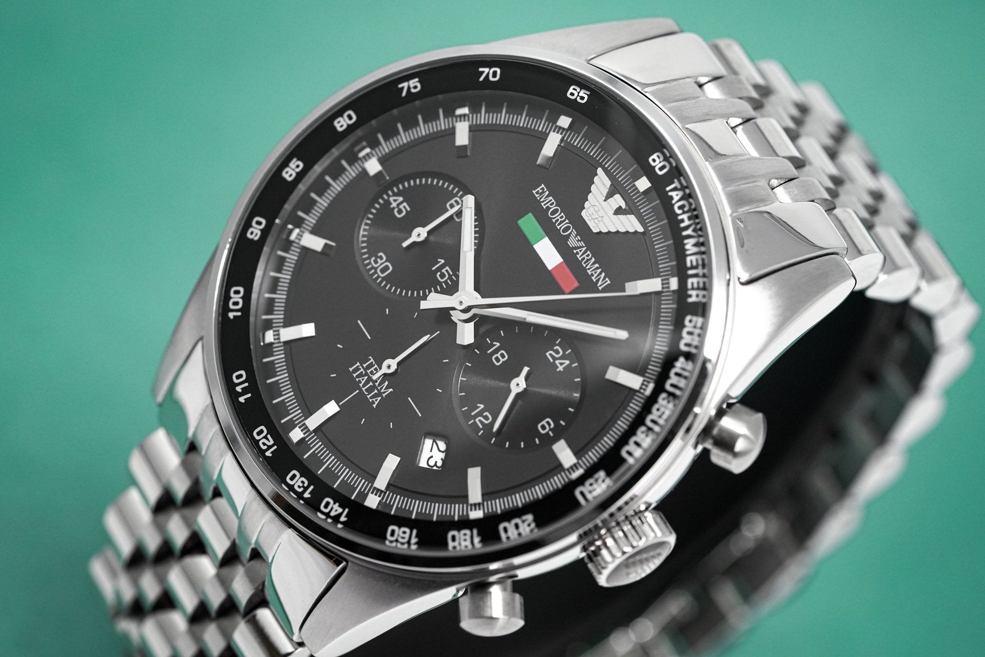 Emporio Armani Team Italia Chronograph Black Dial Silver Steel Strap Watch For Men - AR5983