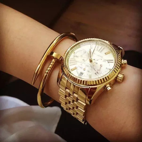 Michael Kors Lexington Chronograph Gold Dial Gold Steel Strap Watch for Women - MK5556