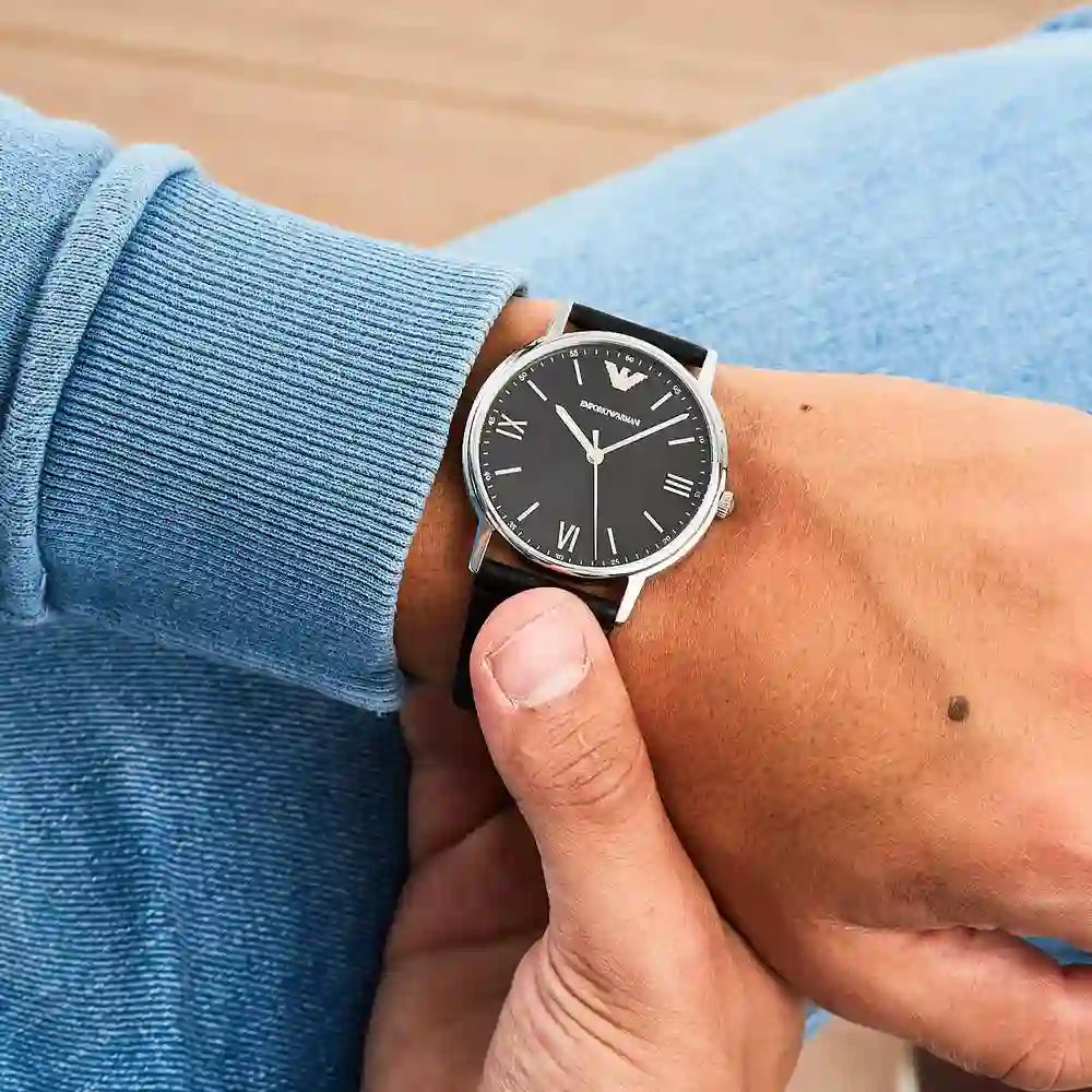 Emporio Armani Kappa Analog Quartz Black Dial Black Leather Strap Watch For Men - AR11013