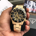Guess Axle Multifunction Black Dial Gold Steel Strap Watch For Men - GW0488G2