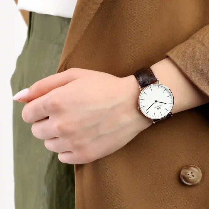 Daniel Wellington Classic York White Dial Brown Leather Strap Watch For Women - DW00100038