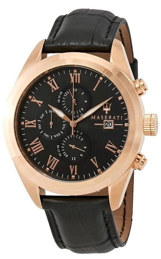 Maserati Traguardo Chronograph Black Dial Black Leather Strap Watch For Men - R8871612002