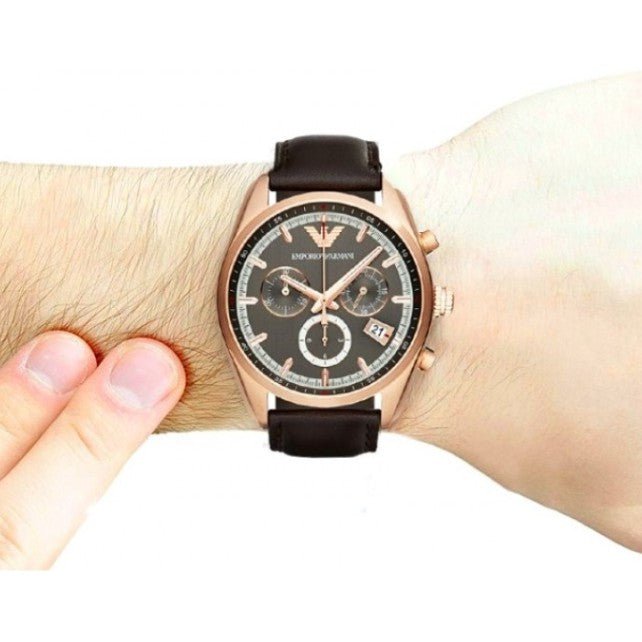 Emporio Armani Chronograph Gray Dial Brown Leather Strap Watch For Men - AR6043