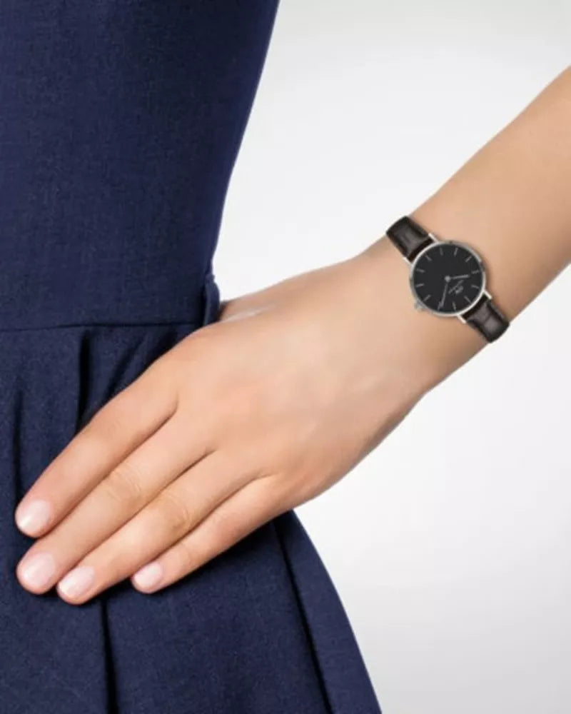 Daniel Wellington Classic Petite York Black Dial Brown Leather Strap Watch For Women - DW00100238