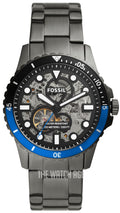 Fossil FB-01 Automatic Skeleton Black Dial Grey Steel Strap Watch for Men - ME3201