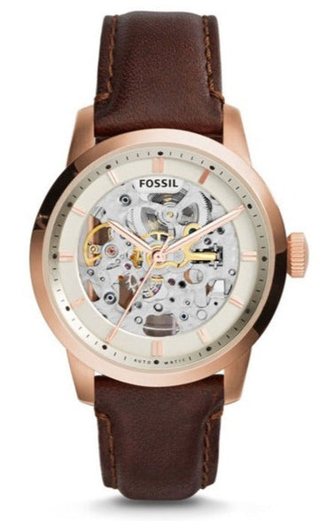 Fossil Townsman Automatic Skeleton White Dial Brown Leather Strap Watch for Men - ME3078