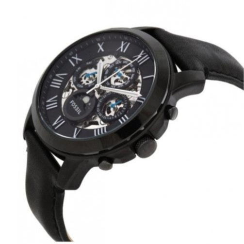 Fossil Grant Automatic Black Dial Black Leather Strap Watch for Men - ME3028