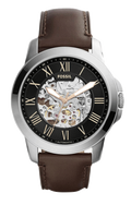 Fossil Grant Automatic Skeleton Black Dial Brown Leather Strap Watch for Men - ME3100