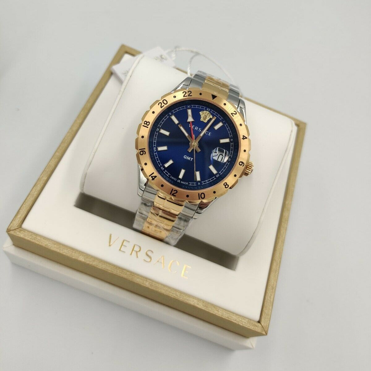 Versace Hellenyium GMT Blue Dial Two Tone Steel Strap Watch for Men - V11060017