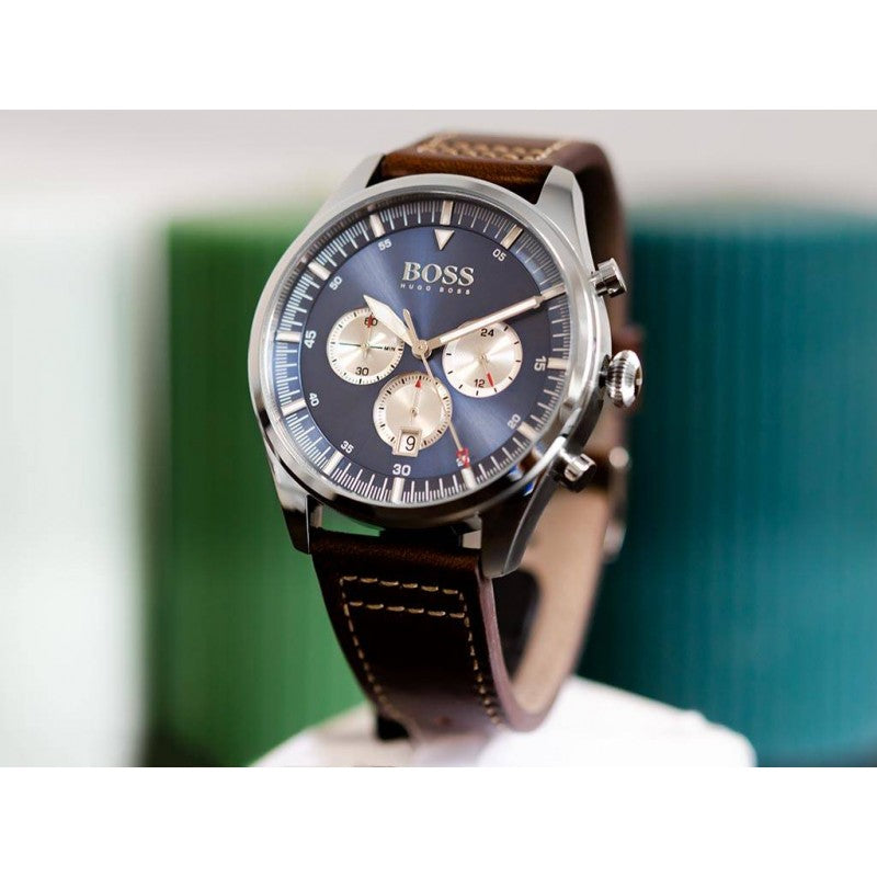 Hugo Boss Pioneer Chronograph Blue Dial Brown Leather Strap Watch For Men - 1513709