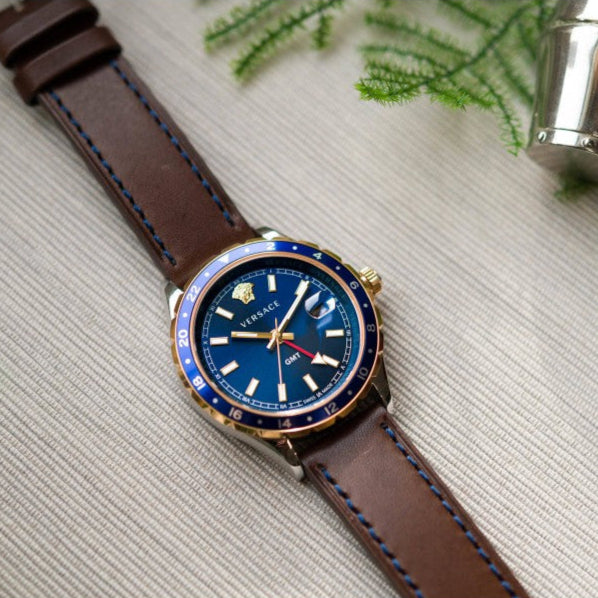 Versace Hellenyium GMT Blue Dial Brown Leather Strap Watch for Men - V11080017