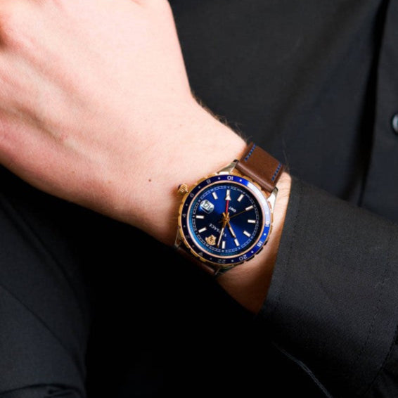 Versace Hellenyium GMT Blue Dial Brown Leather Strap Watch for Men - V11080017
