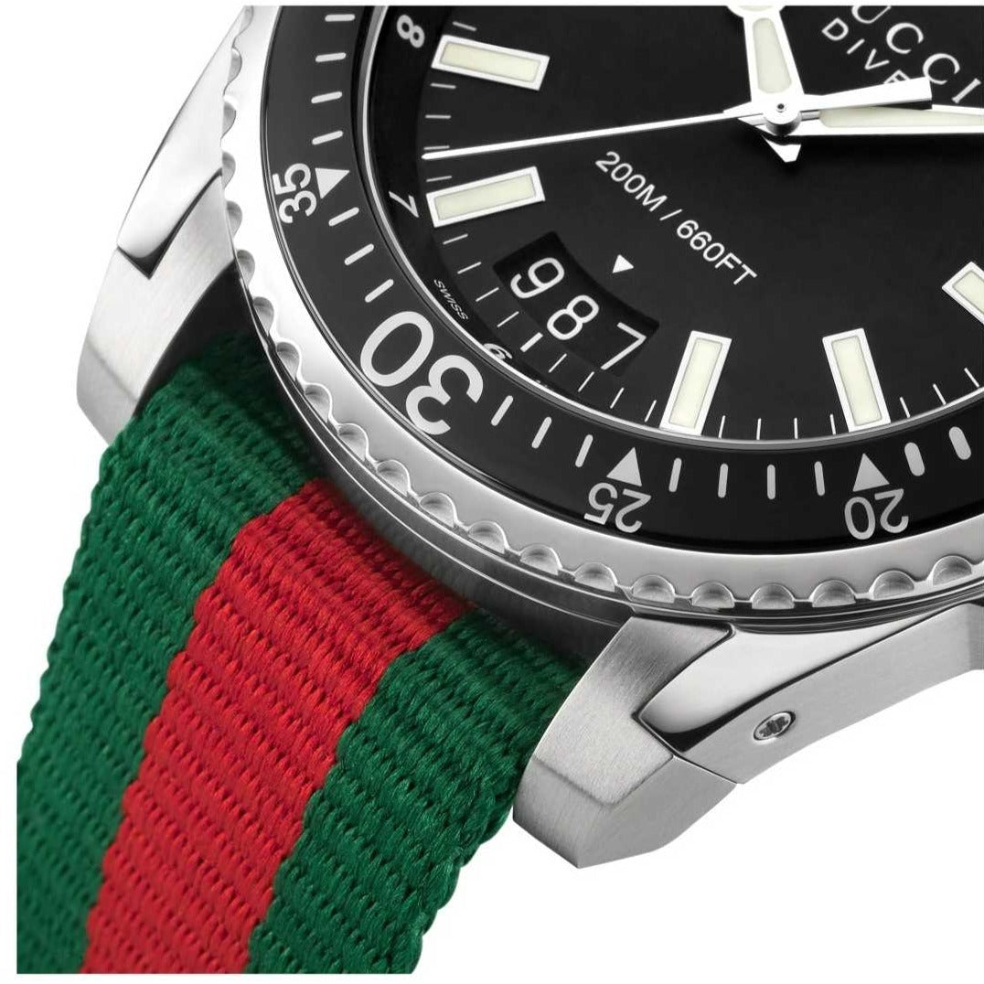 Gucci Dive Black Dial Two Tone NATO Strap Watch For Men - YA136206