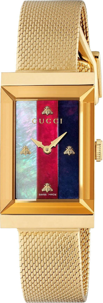 Gucci G-Frame Mother of Pearl Dial Yellow Gold Mesh Bracelet Watch For Women - YA147410