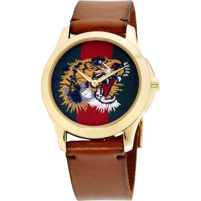 Gucci Le Marche Des Merveilles Red & Green Dial Brown Leather Strap Unisex Watch - YA126497