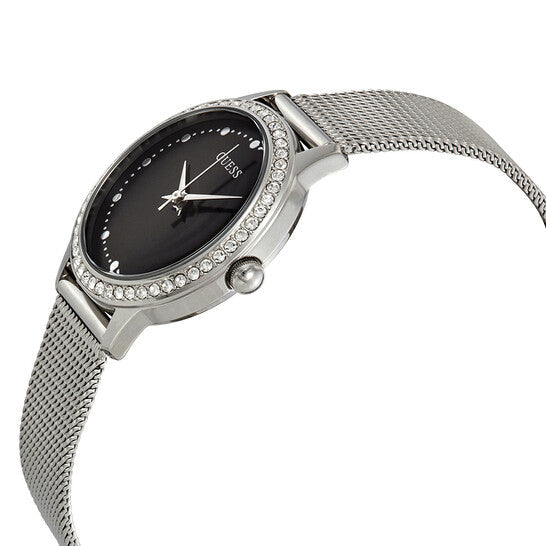 Guess Chelsea Crystals Black Dial Silver Mesh Bracelet Watch For Women  - W0647L5