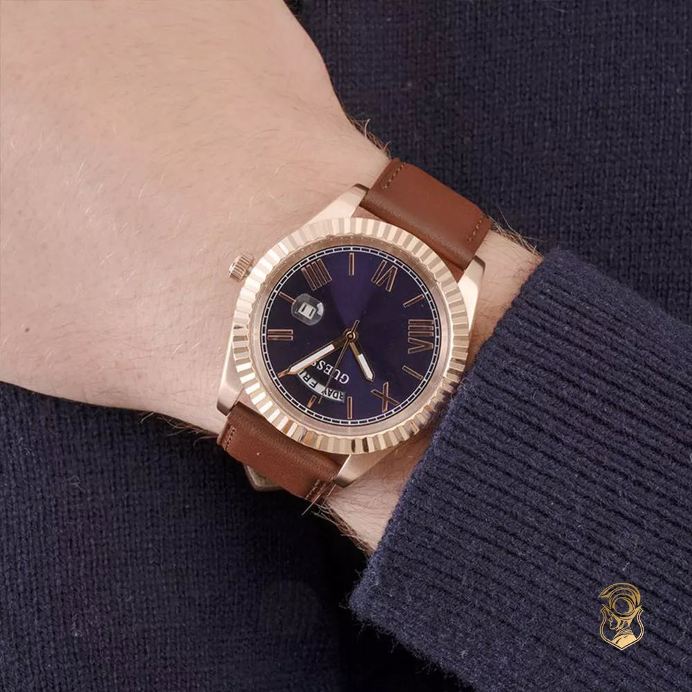 Guess Connoisseur Blue Dial Brown Leather Strap Watch For Men - GW0353G2