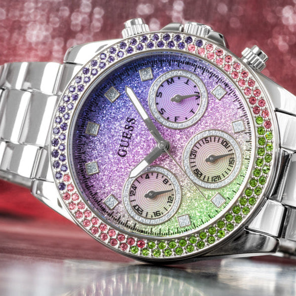 Guess Sol Chronograph Crystals Multicolor Dial Silver Steel Strap Watch For Women - GW0483L1